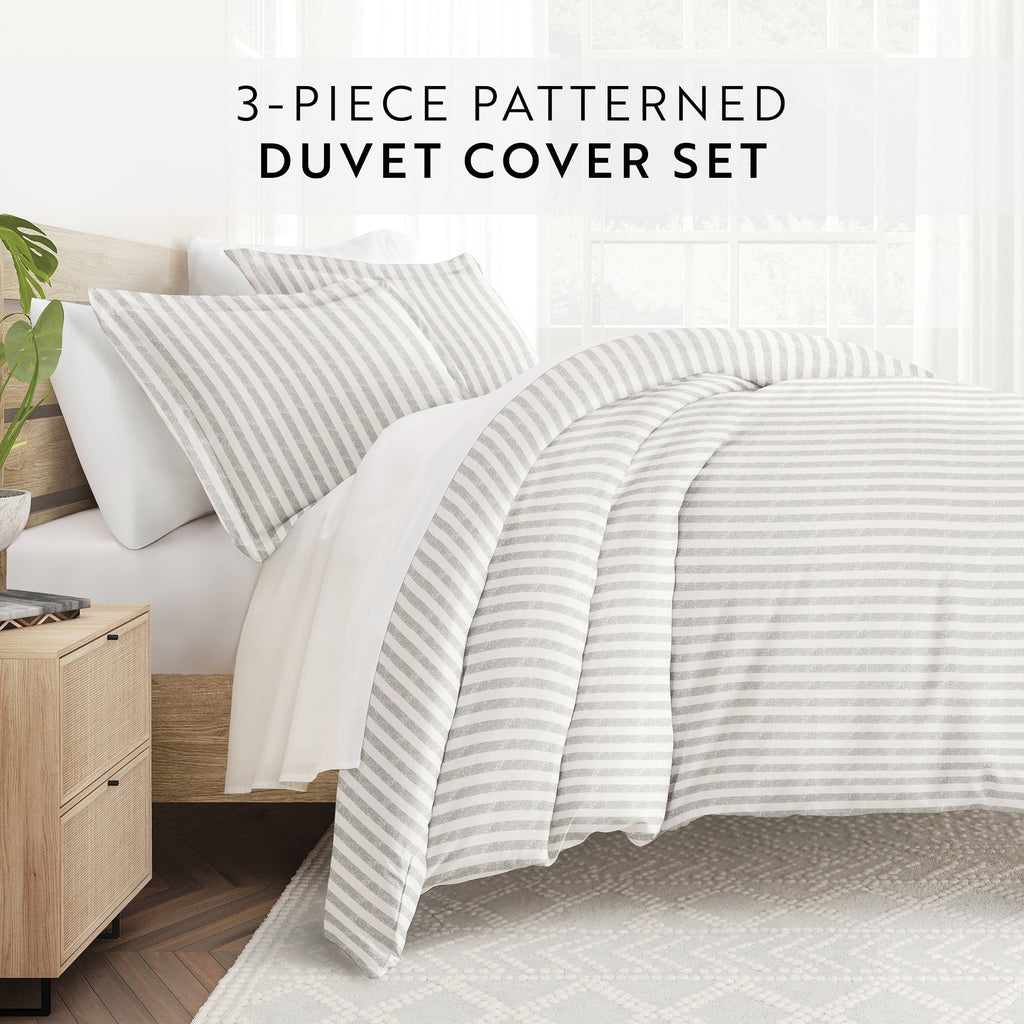 Duvet Cover Set - Ultra Soft & Breathable - Light Gray Rugged Striped for Twin Size Bedding by Comfort Canopy