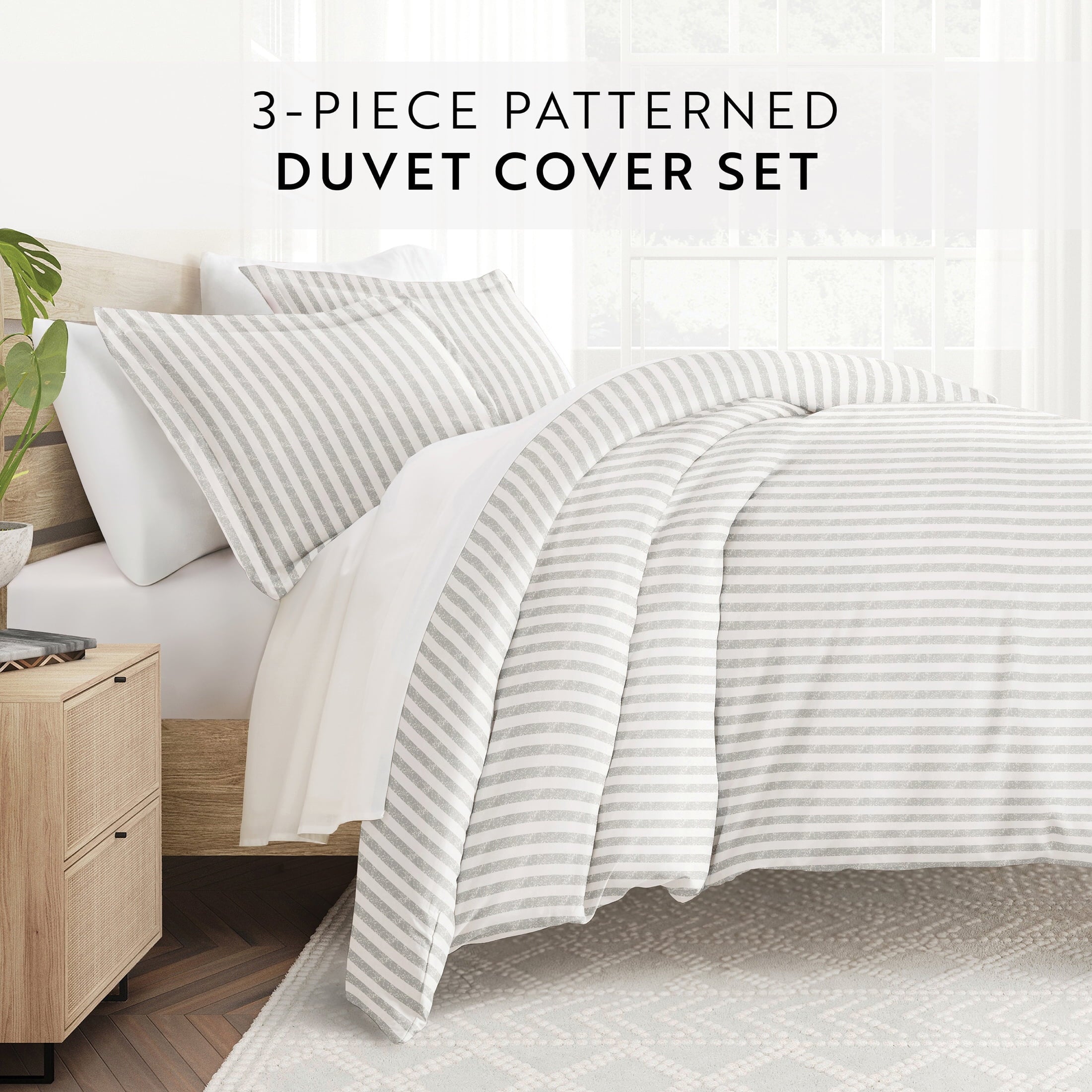 Duvet Cover Set - Ultra Soft & Breathable - Light Gray Rugged Striped for Twin Size Bedding by Comfort Canopy