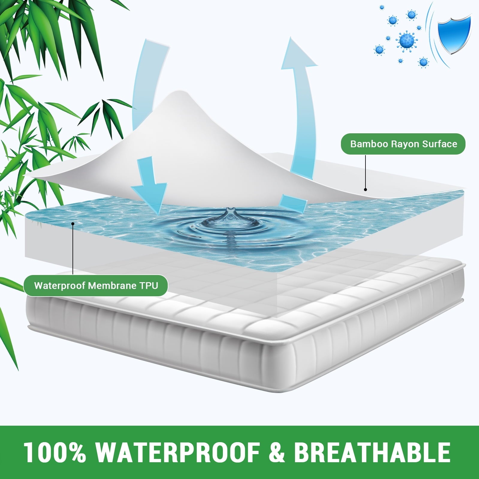 Gogreen Waterproof Mattress Protector Queen Size, Breathable Cooling Bed Mattress Cover with Deep Pocket Plastic Mattress Protector Fitted 6"-16" (Bamboo Terry, Queen 60"x80")