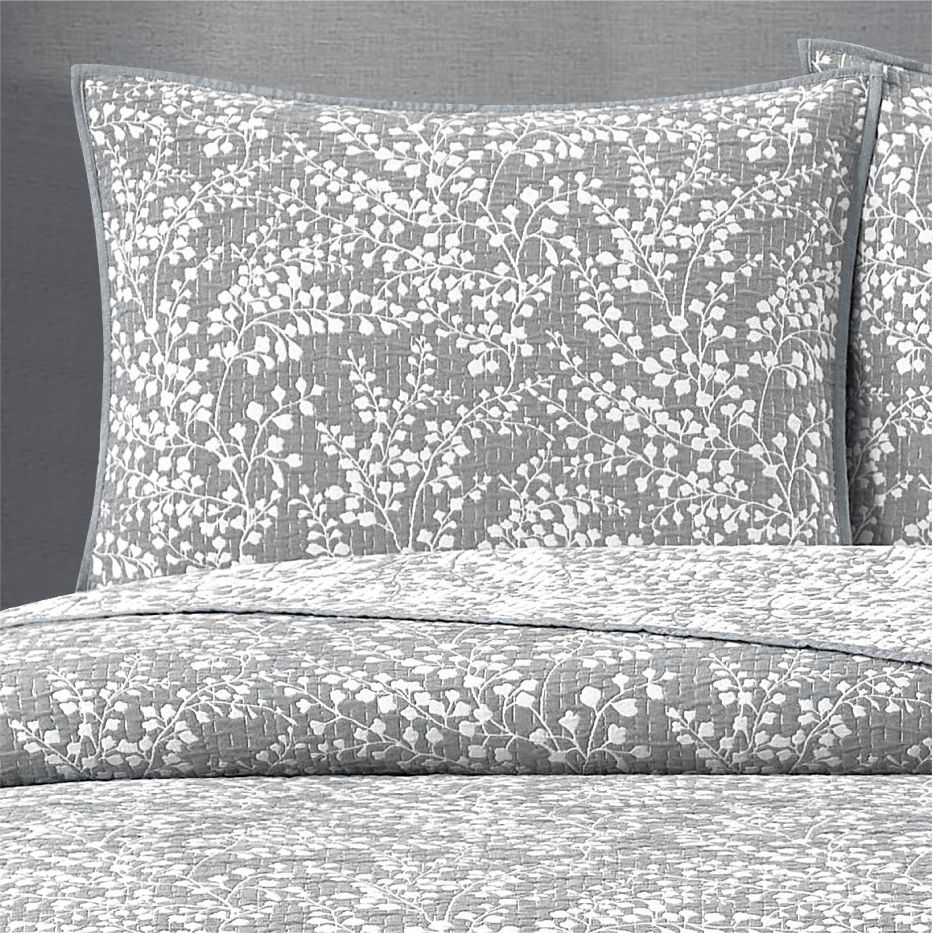 Mainstays Botanical Floral Stitched Pillow Sham, Standard, Light Grey, 1 Pack