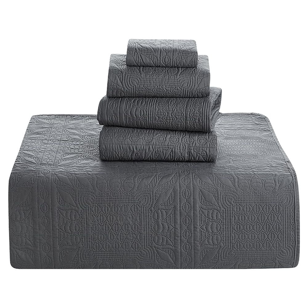 Clara Clark Quilt Sets, 5 Piece Lightweight Reversible Quilt Bedspread, Ellipse Weave Coverlet Bedding Set, Queen Gray