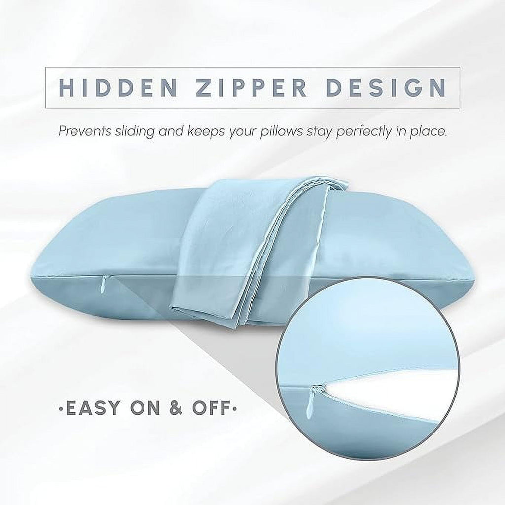 2 PACK Cooling Viscose Satin Pillowcase Set with Hidden Zipper closure, King, Baby Blue