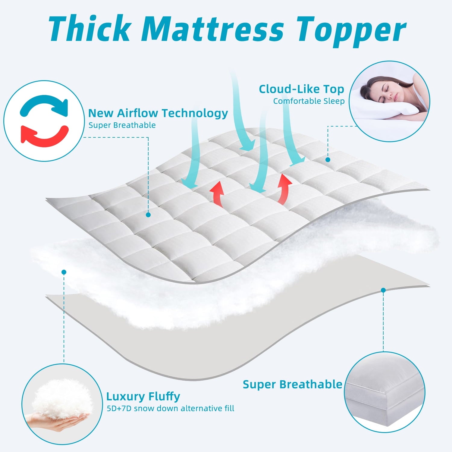 Mattress Topper Twin XL Size Extra Thick Mattress Pad 8-21" Deep Pocket Soft Down Alternative Fill Mattress Protector Pillow Top Mattress Cover