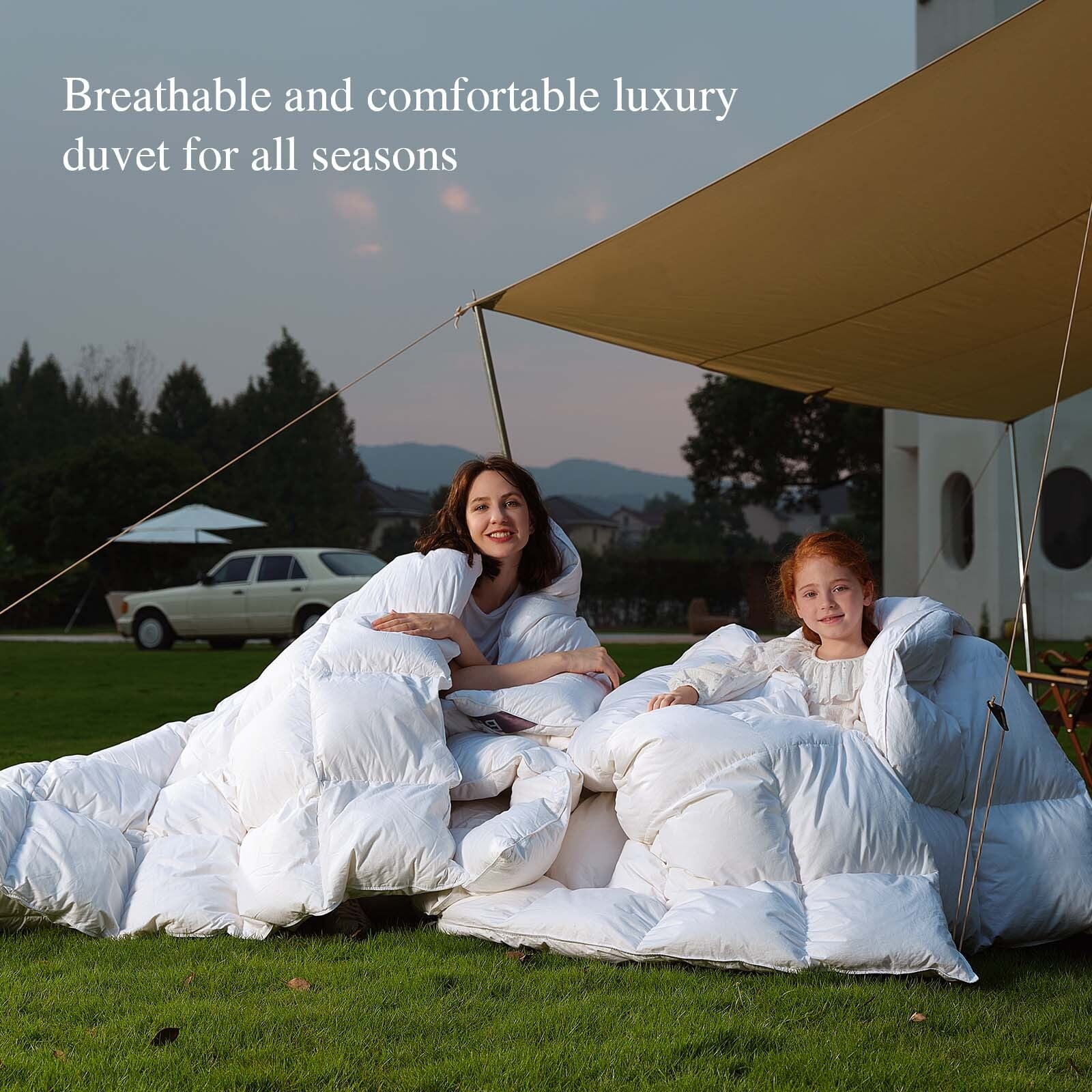 Teler Goose Down Comforter Queen Size, Extra Fluffy White Duvet Insert, Ultra-Soft, Breathable , All Season Hotel Luxury Bedding Comforters, 4 Corner & Center Loops , White