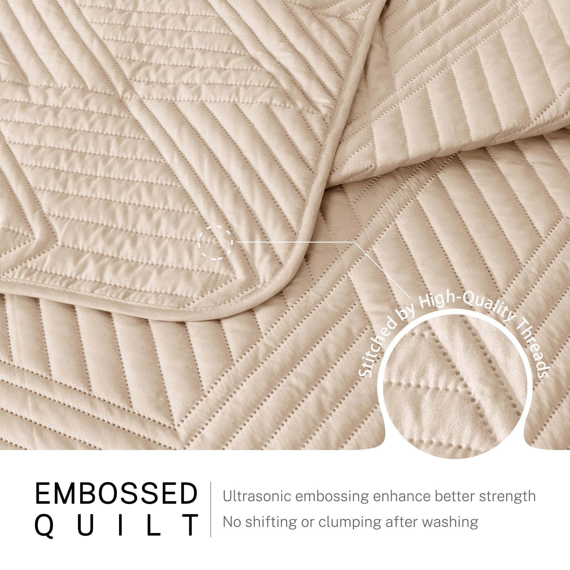 Exclusivo Mezcla Ultrasonic Full Queen Quilt Bedding Set, Lightweight Brich Beige Bedspreads Soft Modern Geometric Coverlet Set for All Seasons (1 Quilt and 2 Pillow Shams)