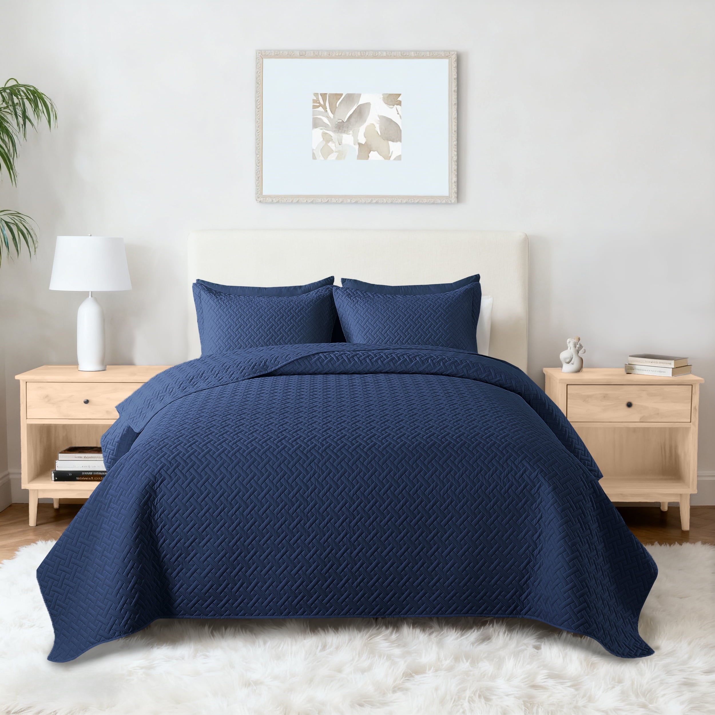 VCCOEM Quilt Set Full/Queen Size Lightweight Bedspreads, All Season Coverlet, 3 Piece (1 Quilt, 2 Pillow Shams), Woven Pattern, Navy Blue