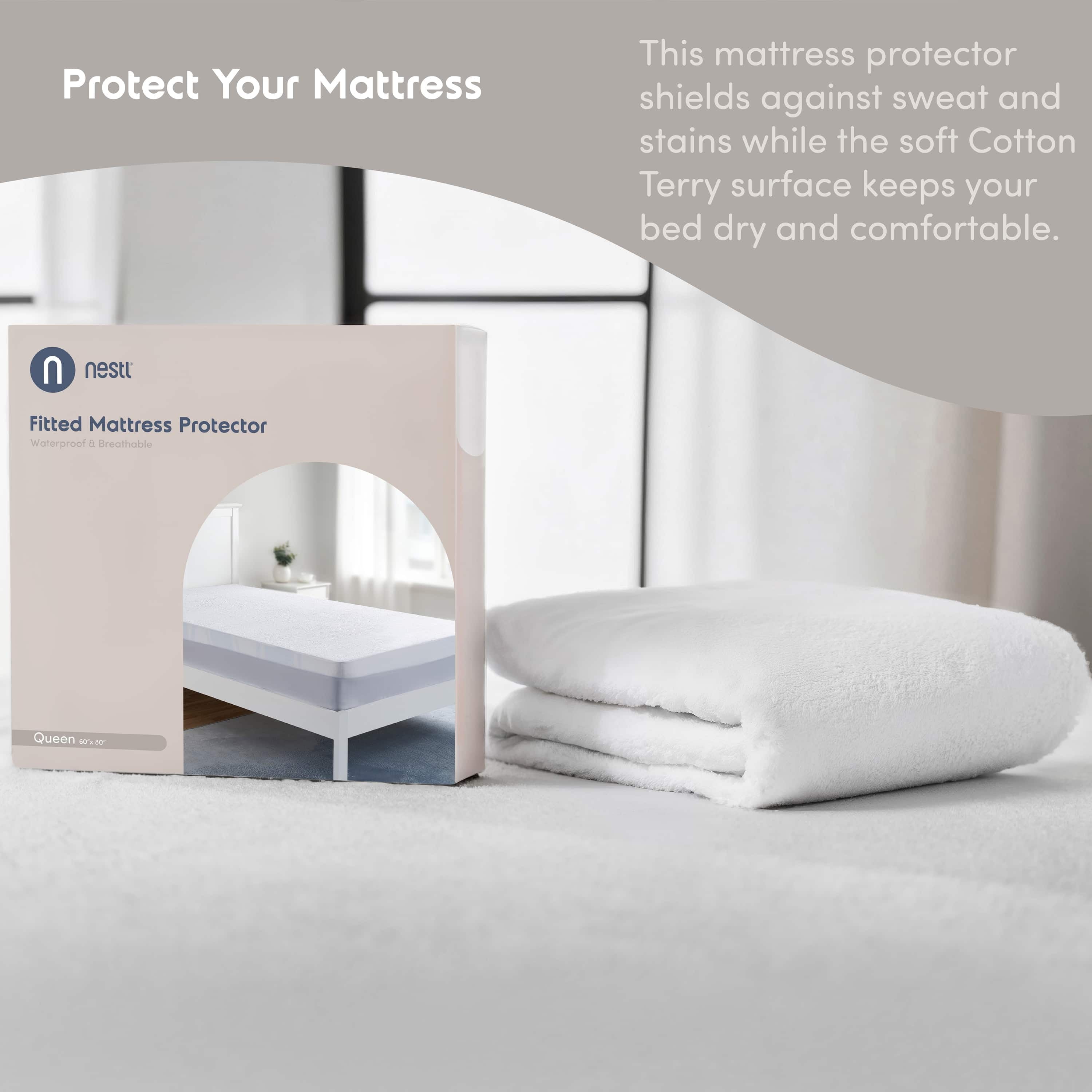 Nestl 100% Waterproof Mattress Protector Queen, Cotton Terry Bed Cover, Mattress Cover Fits Mattresses Up to 16 inch