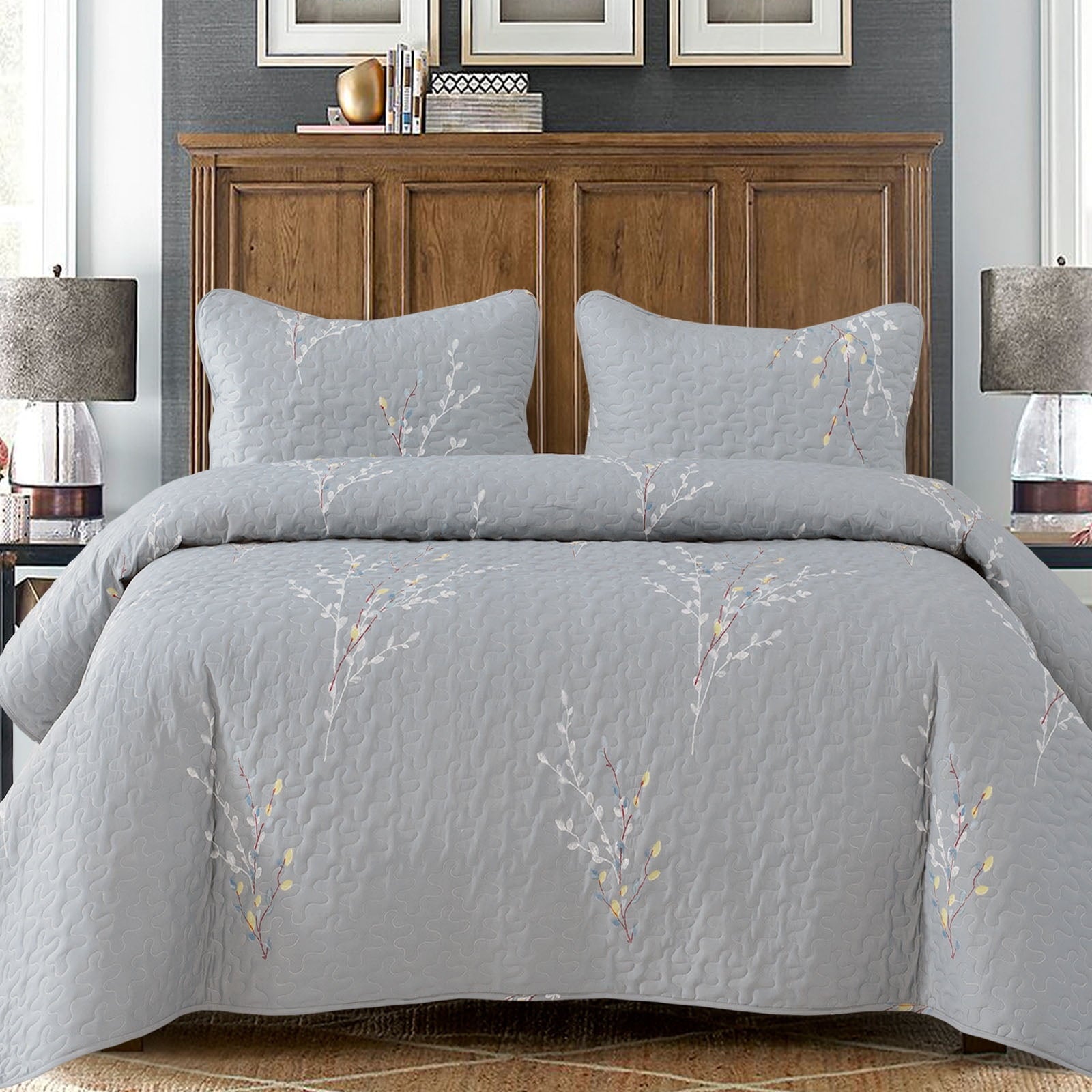 Exclusivo Mezcla Microfiber King Size Quilt Set, 3 Pieces Lightweight Bedspreads/ Coverlet/ Bedding Set with 2 Pillow Shams, Gradient Floral Pattern, (96"x 104", Navy)