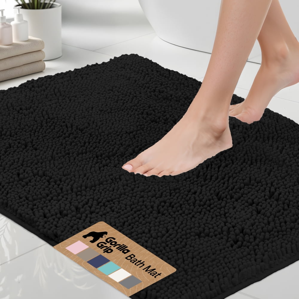 GORILLA GRIP Chenille Bath Rug 24x17, Rubber Backing Quick Dry Washable Microfiber Mats, Grey