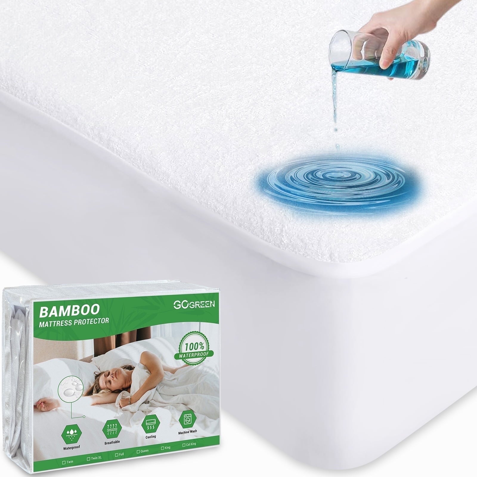 Gogreen Waterproof Mattress Protector Queen Size, Breathable Cooling Bed Mattress Cover with Deep Pocket Plastic Mattress Protector Fitted 6"-16" (Bamboo Terry, Queen 60"x80")