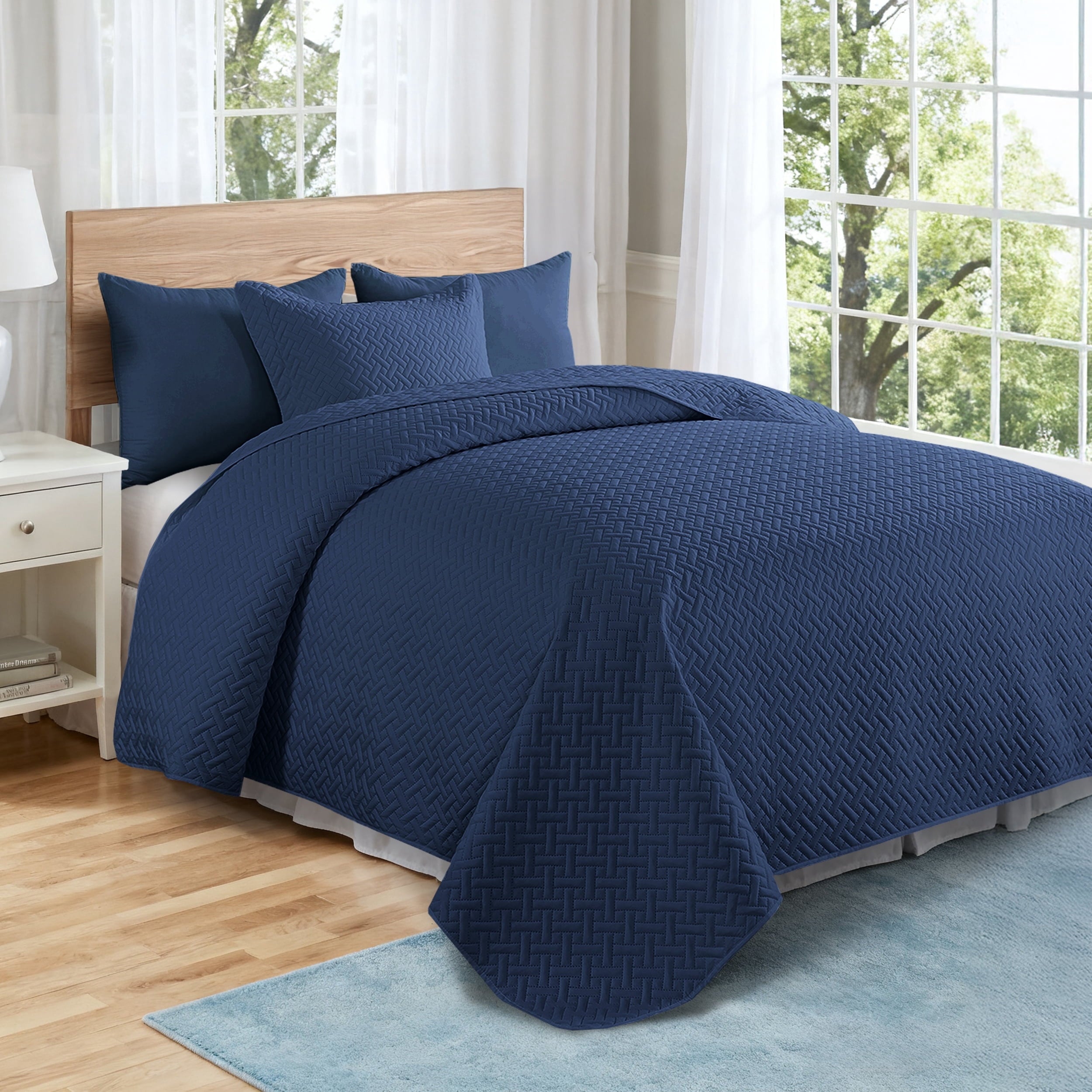 VCCOEM Quilt Set Full/Queen Size Lightweight Bedspreads, All Season Coverlet, 3 Piece (1 Quilt, 2 Pillow Shams), Woven Pattern, Navy Blue