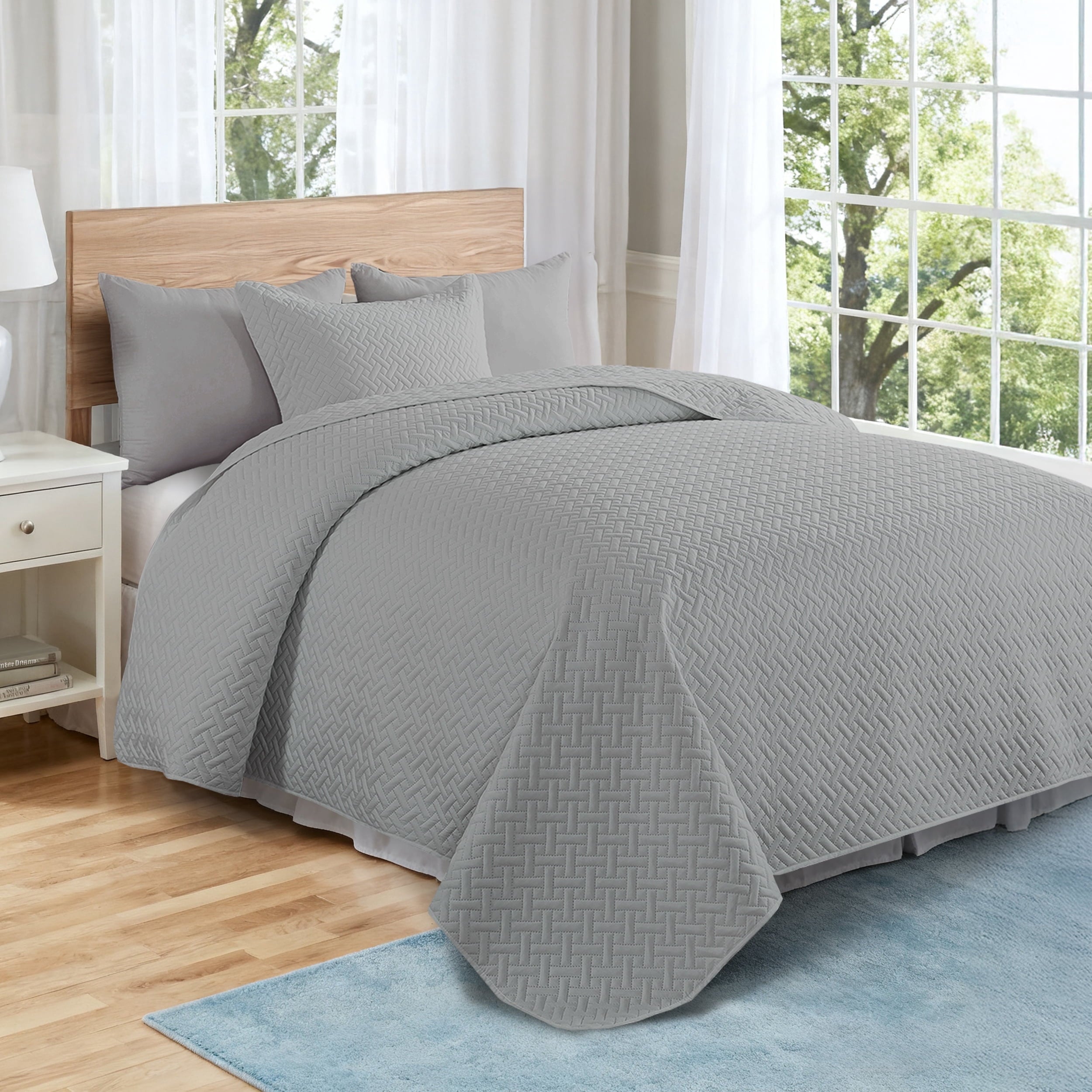 VCCOEM Quilt Set Full/Queen Size Lightweight Bedspreads, All Season Coverlet, 3 Piece (1 Quilt, 2 Pillow Shams), Woven Pattern, Navy Blue