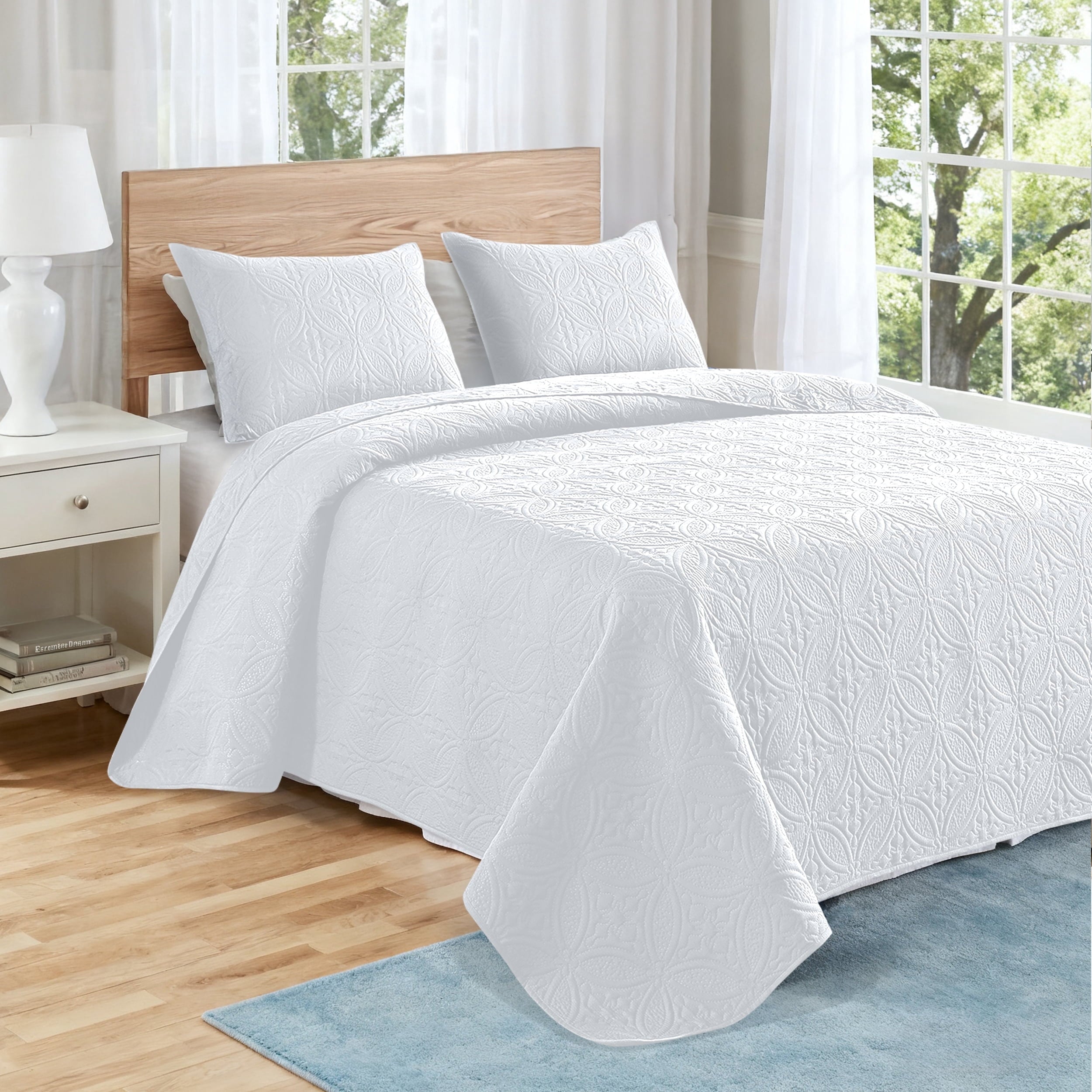 VCCOEM Quilt Set Full/Queen Size Lightweight Bedspreads, All Season Coverlet, 3 Piece (1 Quilt, 2 Pillow Shams), Woven Pattern, Navy Blue