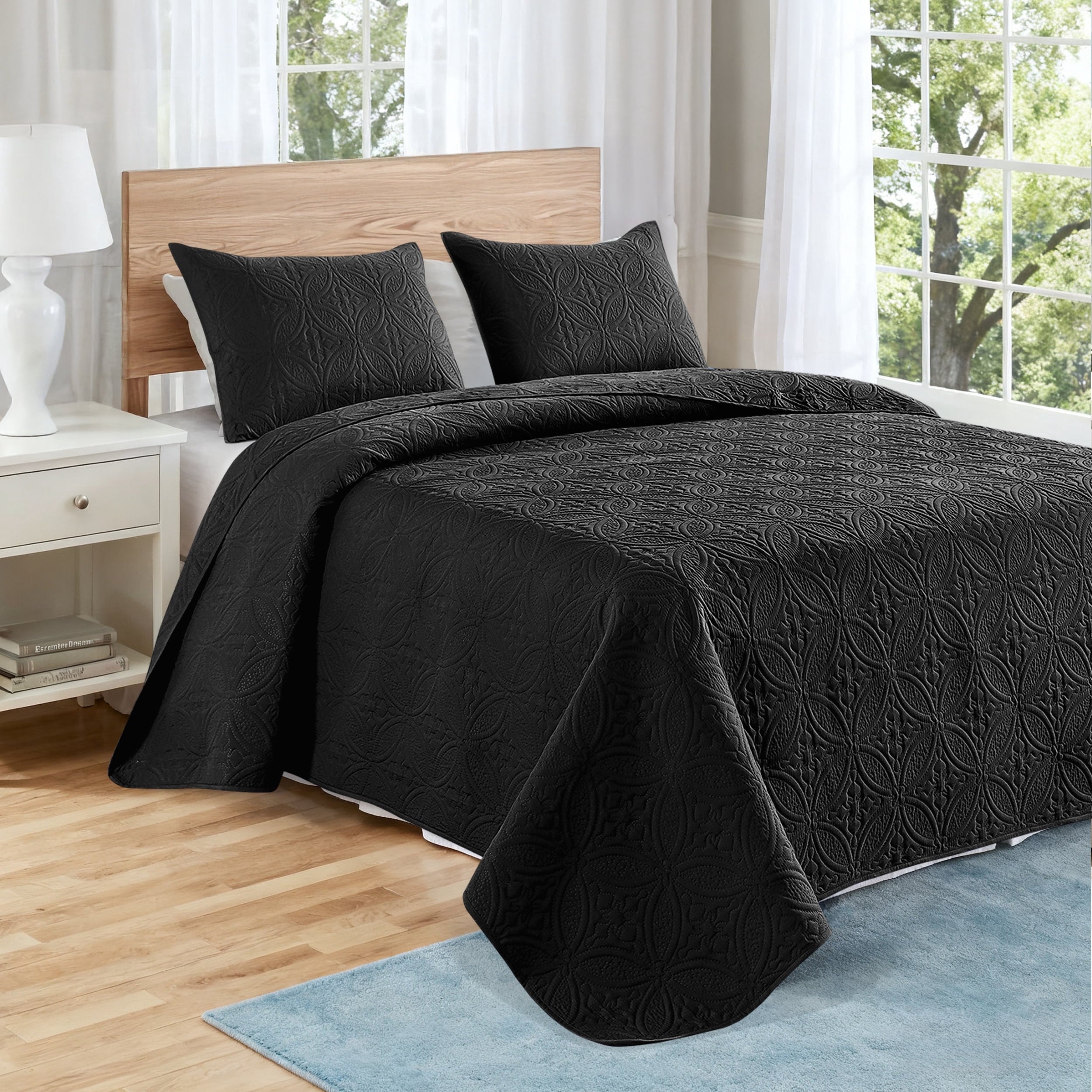 VCCOEM Quilt Set Full/Queen Size Lightweight Bedspreads, All Season Coverlet, 3 Piece (1 Quilt, 2 Pillow Shams), Woven Pattern, Navy Blue