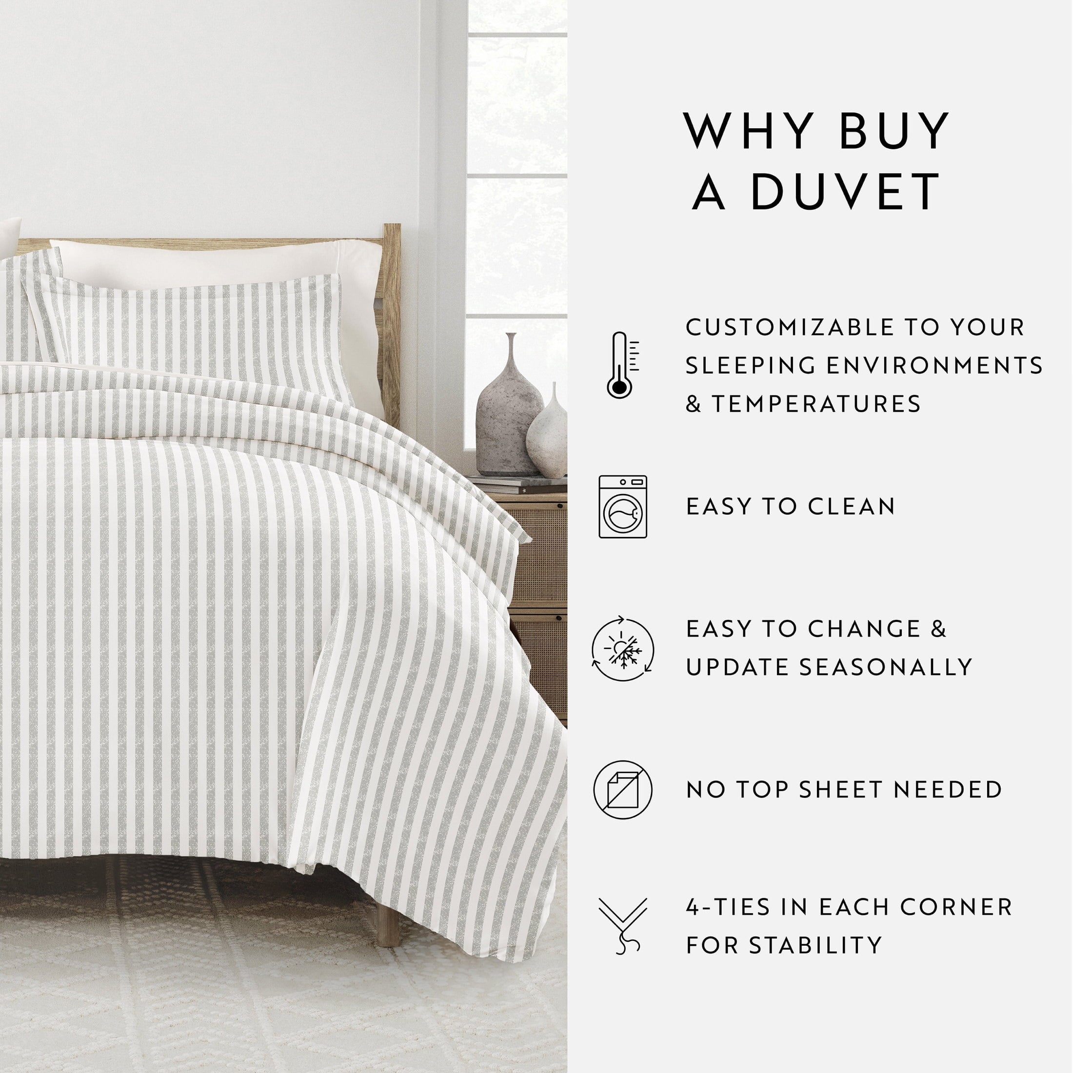 Duvet Cover Set - Ultra Soft & Breathable - Light Gray Rugged Striped for Twin Size Bedding by Comfort Canopy