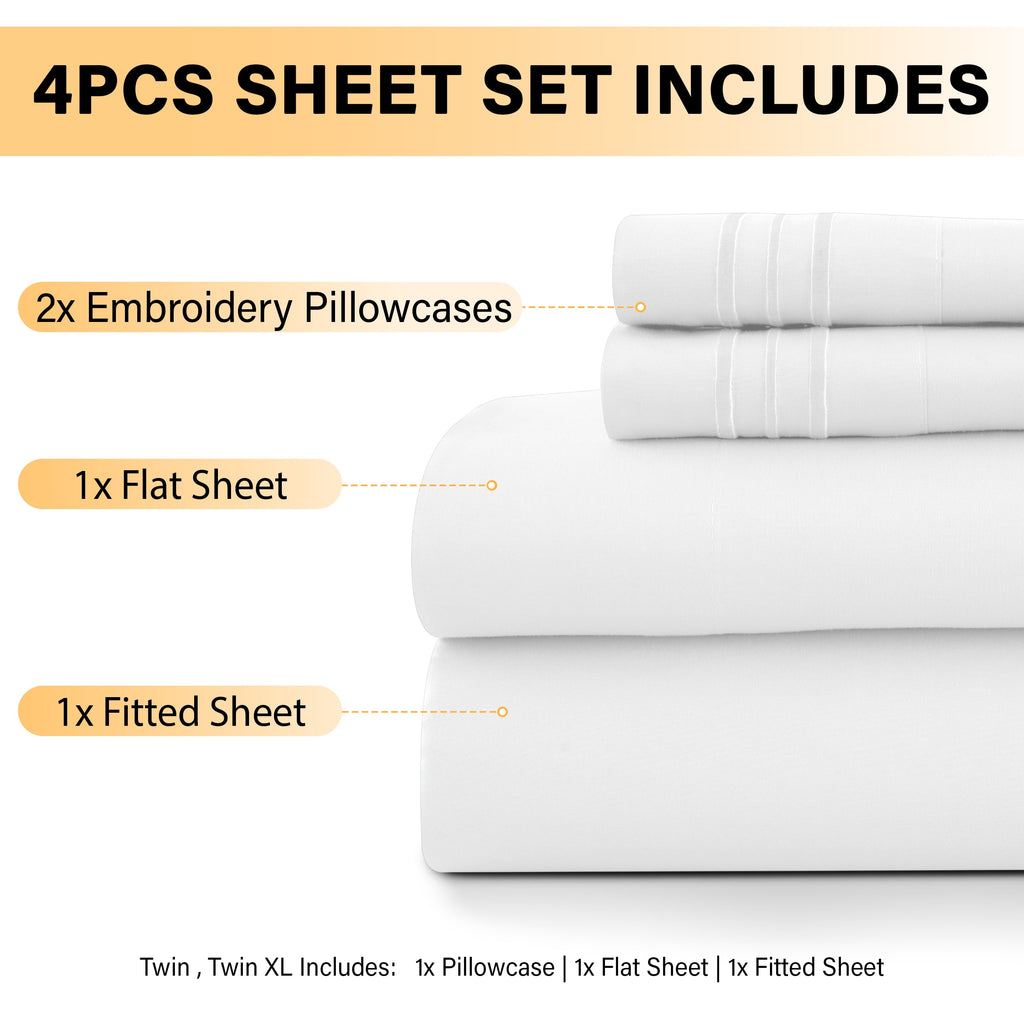 Lux Decor Queen Size Sheet Set, 4-Piece Plain Soft Microfiber – Deep Pocket Queen Bed Sheets, Includes 1 Fitted Sheet, 1 Flat Sheet, 2 Pillowcases, White