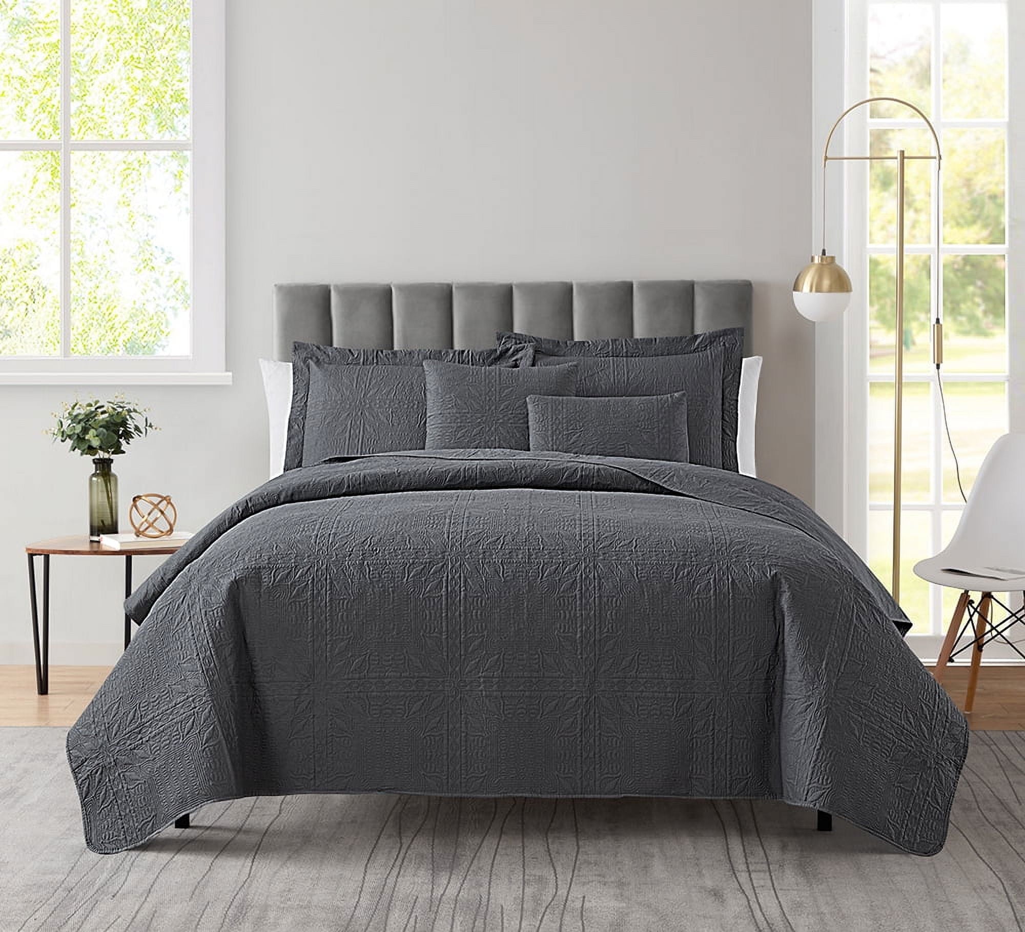 Clara Clark Quilt Sets, 5 Piece Lightweight Reversible Quilt Bedspread, Ellipse Weave Coverlet Bedding Set, Queen Gray