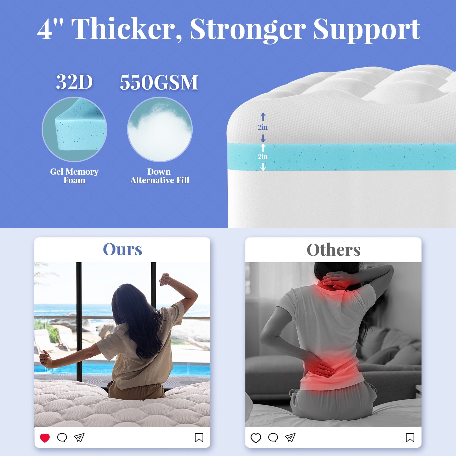 OhGeni 4 inch Dual Layer Queen Mattress Topper, 2 inch Gel Memory Foam, 2 inch Down Alternative Pillow Top Pad, Mattresses Cover for Bed, Medium Support, Fits 6"-19" Deep Pocket