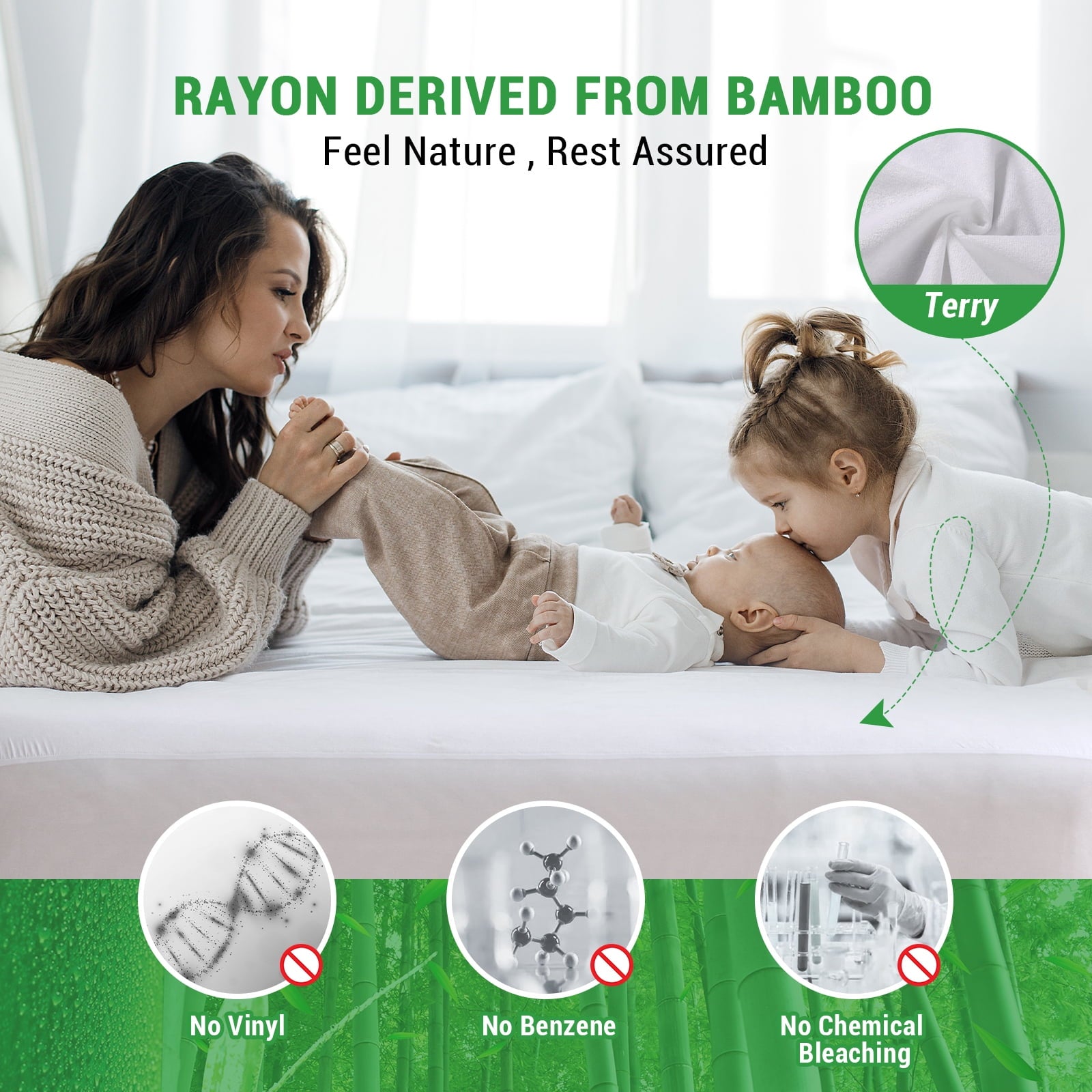 Gogreen Waterproof Mattress Protector Queen Size, Breathable Cooling Bed Mattress Cover with Deep Pocket Plastic Mattress Protector Fitted 6"-16" (Bamboo Terry, Queen 60"x80")