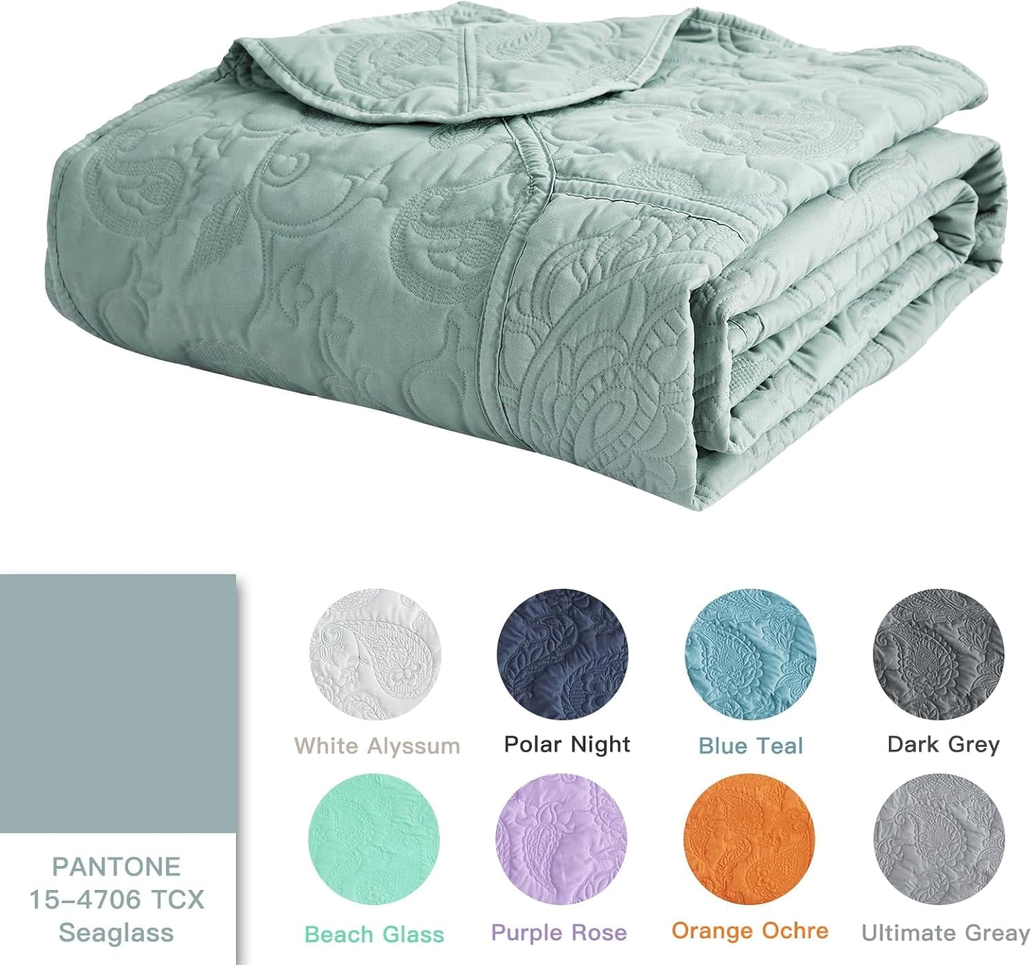 HZ & HY Oversized King Bedspread 128x120 Extra Wide - Paisley Pattern Quilt Set - Gorgeous & Elegant Style Bedding Coverlets, Reversible, Lightweight, 5 Piece, California King, Seaglass